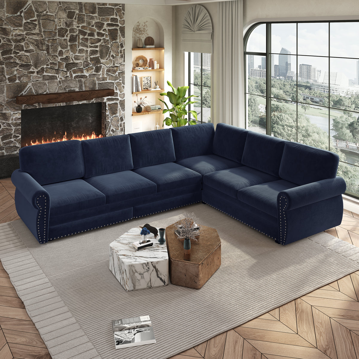 118" Oversized Convertible Sleeper Sofa with Nailhead Trim, L-Shaped Couch