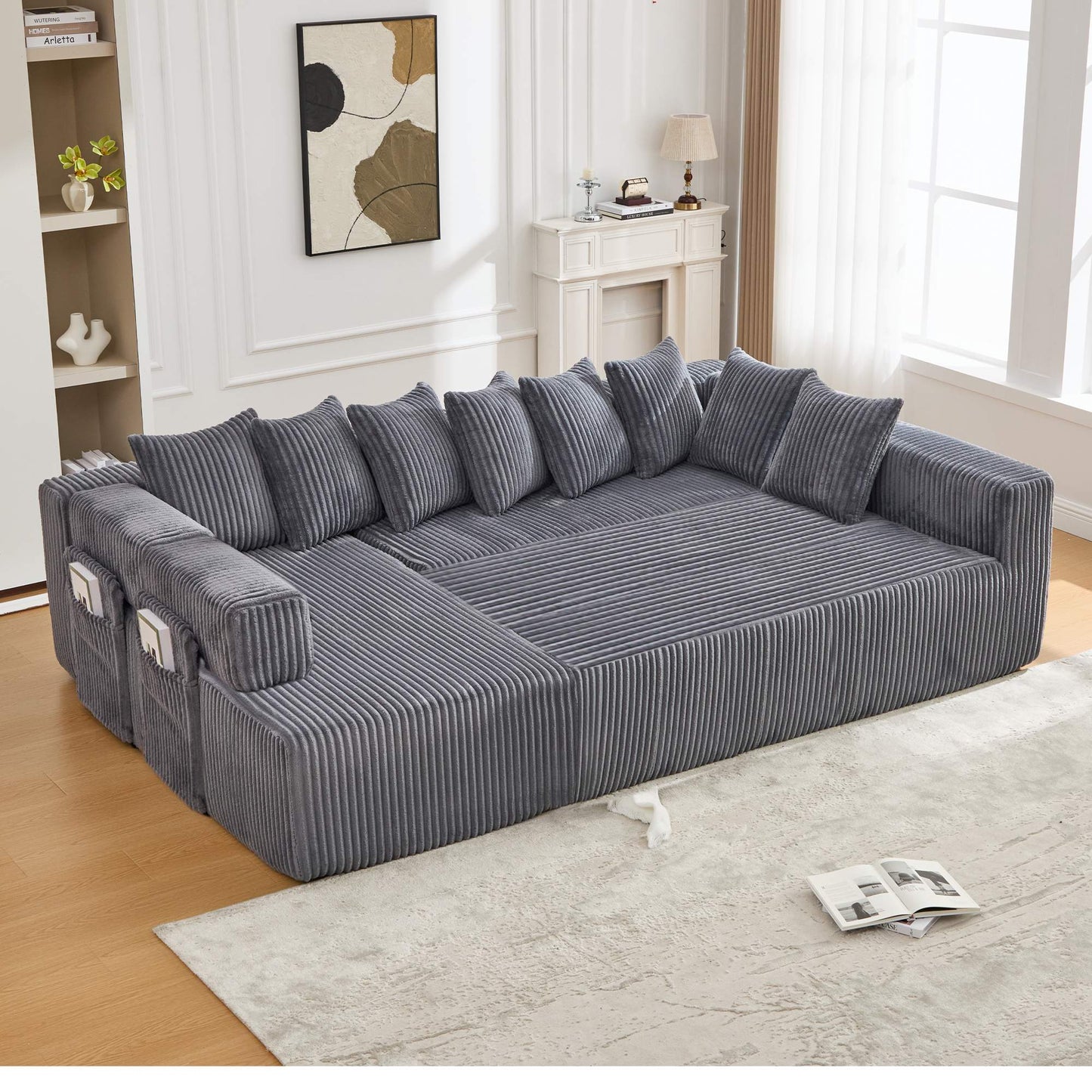 Dark Gray Oversized Modular Sectional Sofa – 6-Seat Convertible L-Shaped Corduroy Couch with Free Combination Design