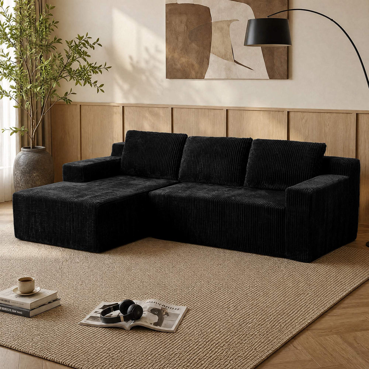 3-Seater Corduroy Modular L-Shaped Sectional Sofa, Foam-Filled