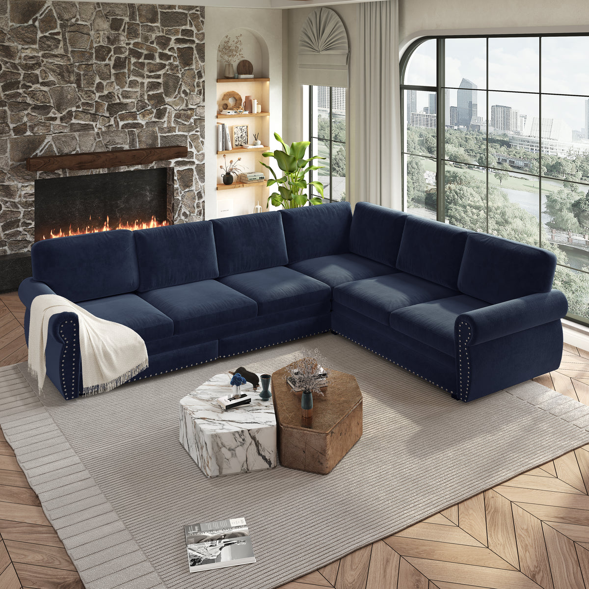 118" Oversized Convertible Sleeper Sofa with Nailhead Trim, L-Shaped Couch