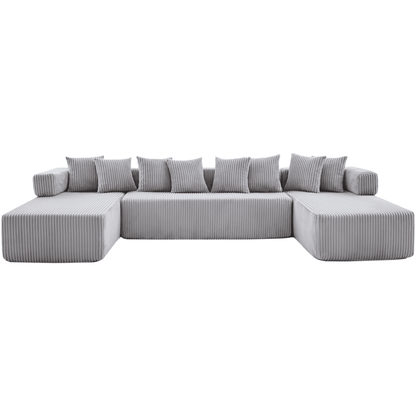Light Gray 6-Seat U-Shaped Modular Sectional Sofa – Plush Corduroy Sleeper Couch with 8 Pillows & Flexible Configuration