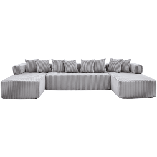 Light Gray 6-Seat U-Shaped Modular Sectional Sofa – Plush Corduroy Sleeper Couch with 8 Pillows & Flexible Configuration