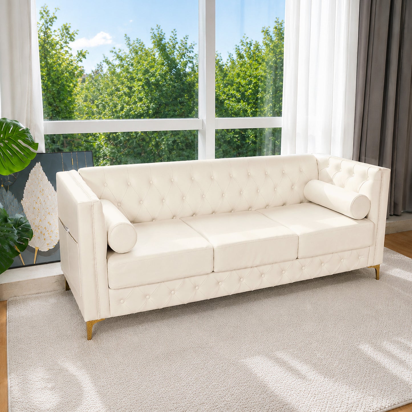 White Faux Leather Couch, Modern Tufted 3-Seat Sofa with Decorative Pillows, Metal Legs and High-Rebound Sponge Comfort for Home