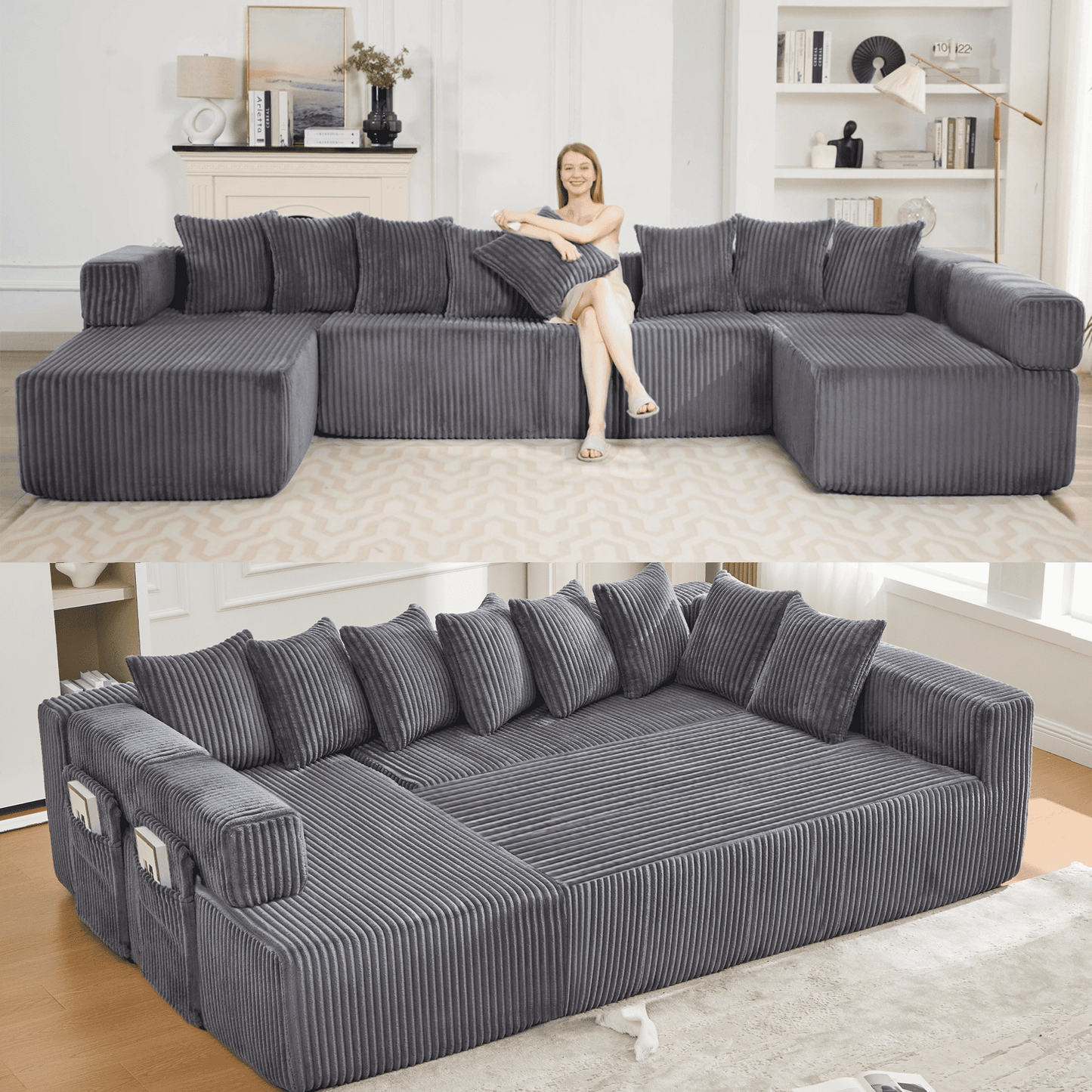 Dark Gray Oversized Modular Sectional Sofa – 6-Seat Convertible L-Shaped Corduroy Couch with Free Combination Design