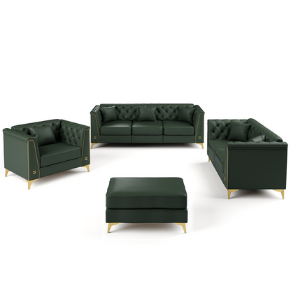 6 Pillows Light Luxury Chesterfield Sofa, Faux Leather, Thin Metal Legs, Metal Trim Armrests & Button Tufting