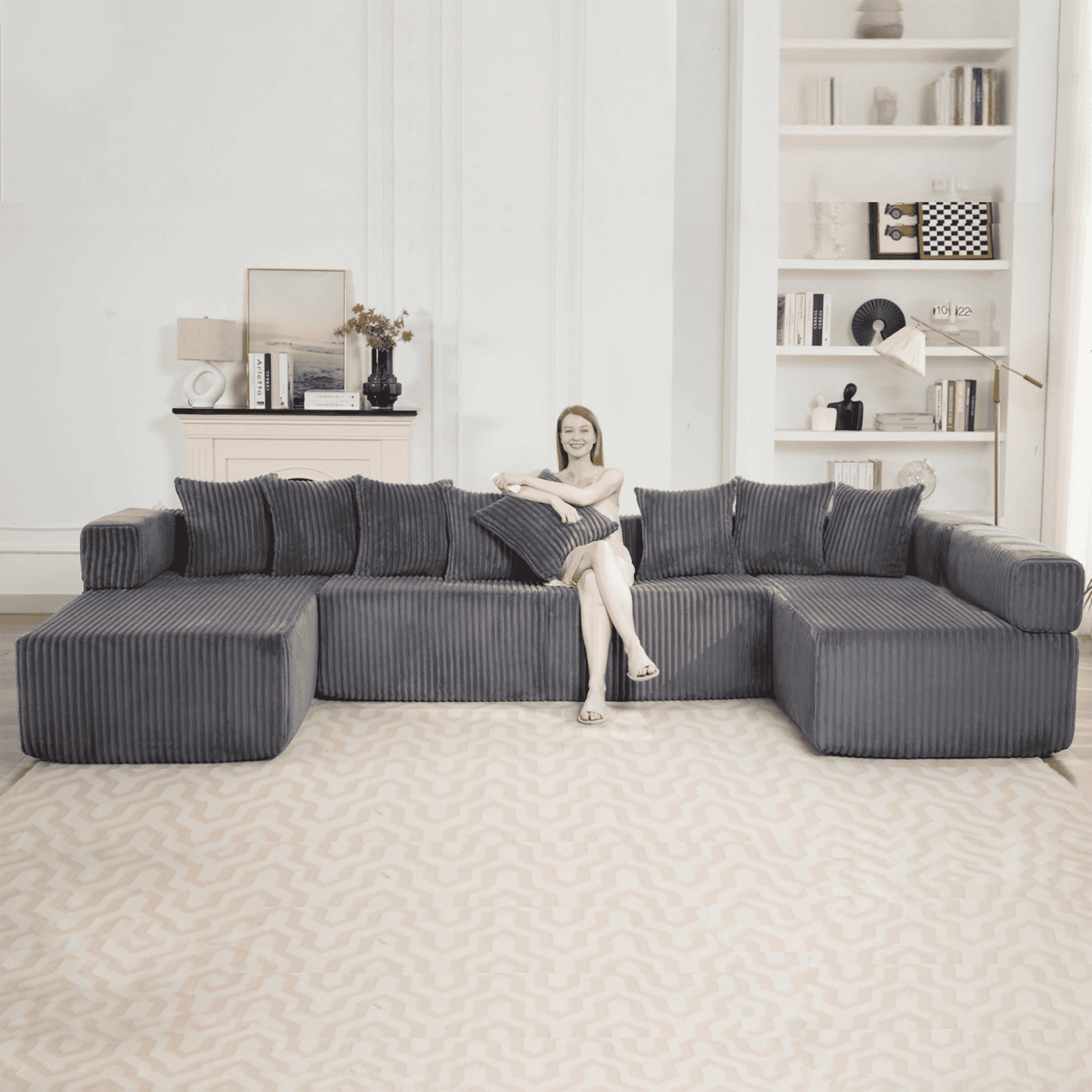 Dark Gray Oversized Modular Sectional Sofa – 6-Seat Convertible L-Shaped Corduroy Couch with Free Combination Design