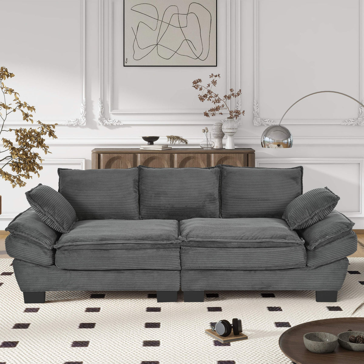 U-Style Modern Curved Sofa, Back Upholstered Couch with 2 Decorative Throw Pillows, Corduroy Fabric Couch for Living Room, Bedroom , Apartment