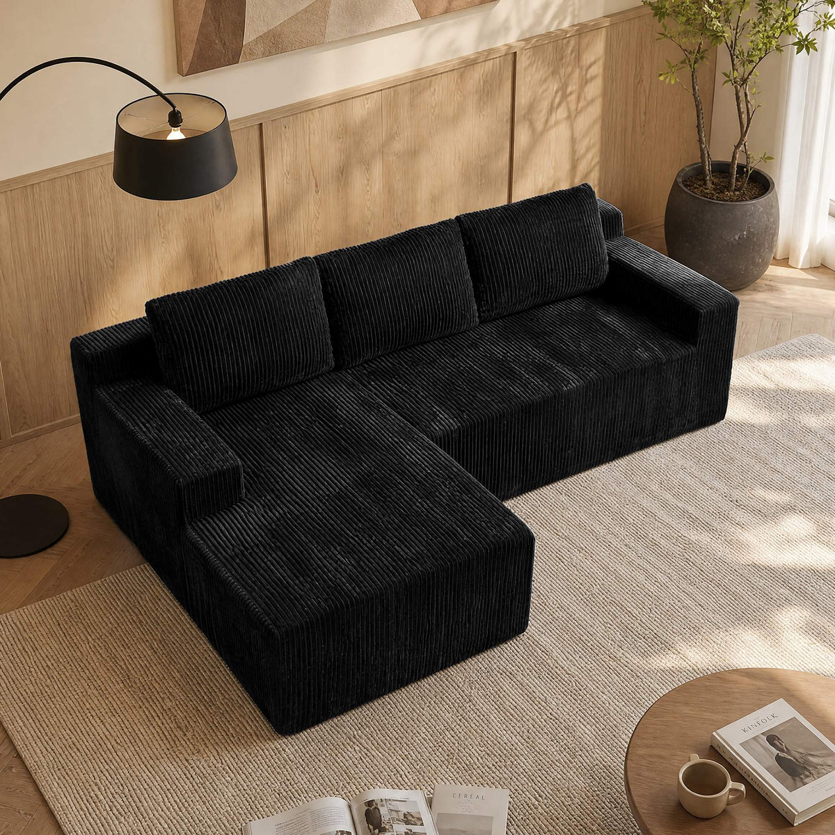 3-Seater Corduroy Modular L-Shaped Sectional Sofa, Foam-Filled