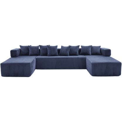 Blue Convertible Modular Sofa – 6-Seat U-Shaped Corduroy Sectional Couch with Magazine Bag & Flexible Layout