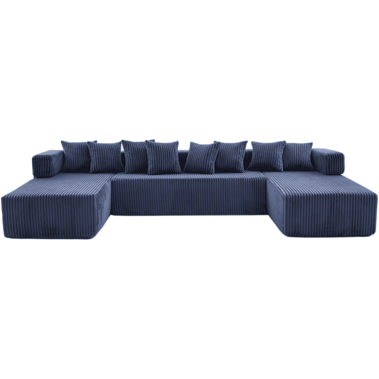 Blue Convertible Modular Sofa – 6-Seat U-Shaped Corduroy Sectional Couch with Magazine Bag & Flexible Layout