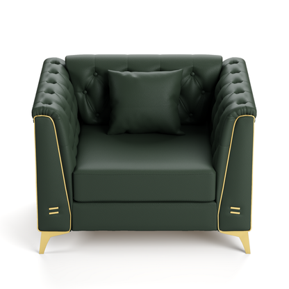4 Pillows Light Luxury Chesterfield Sofa, Faux Leather, Button Tufting, Metal Trim Armrests & Thin Metal Legs