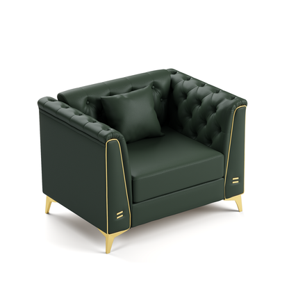5 Pillows Light Luxury Chesterfield Sofa, Faux Leather, Metal Trim Armrests, Button Tufting & Thin Metal Legs