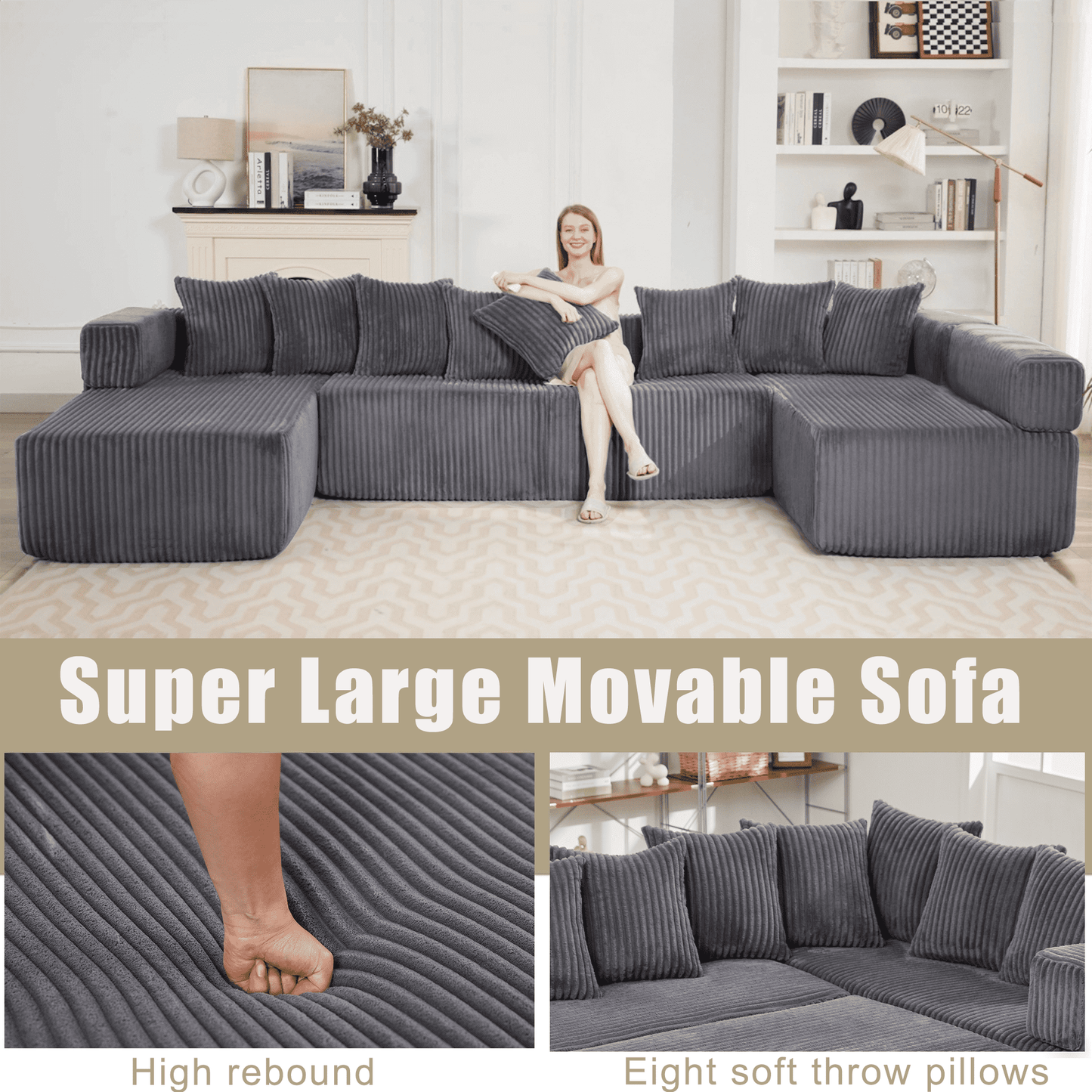 Dark Gray Oversized Modular Sectional Sofa – 6-Seat Convertible L-Shaped Corduroy Couch with Free Combination Design