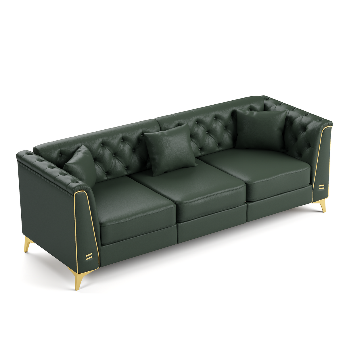 6 Pillows Light Luxury Chesterfield Sofa, Faux Leather, Thin Metal Legs, Metal Trim Armrests & Button Tufting