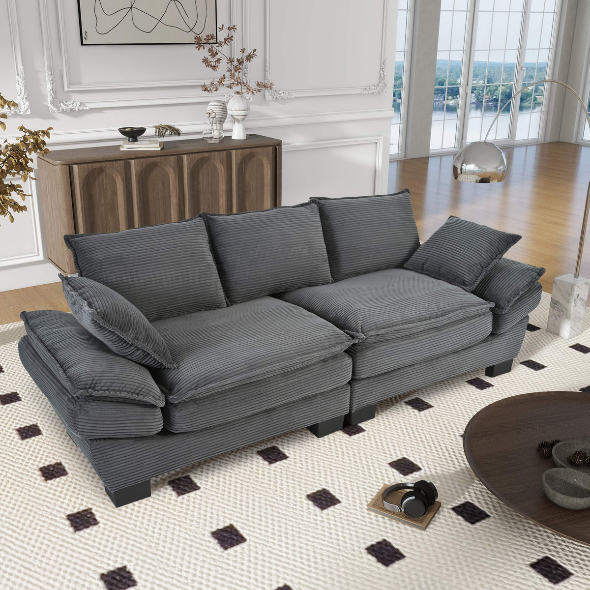 U-Style Modern Curved Sofa, Back Upholstered Couch with 2 Decorative Throw Pillows, Corduroy Fabric Couch for Living Room, Bedroom , Apartment