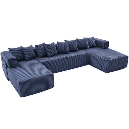 Blue Convertible Modular Sofa – 6-Seat U-Shaped Corduroy Sectional Couch with Magazine Bag & Flexible Layout