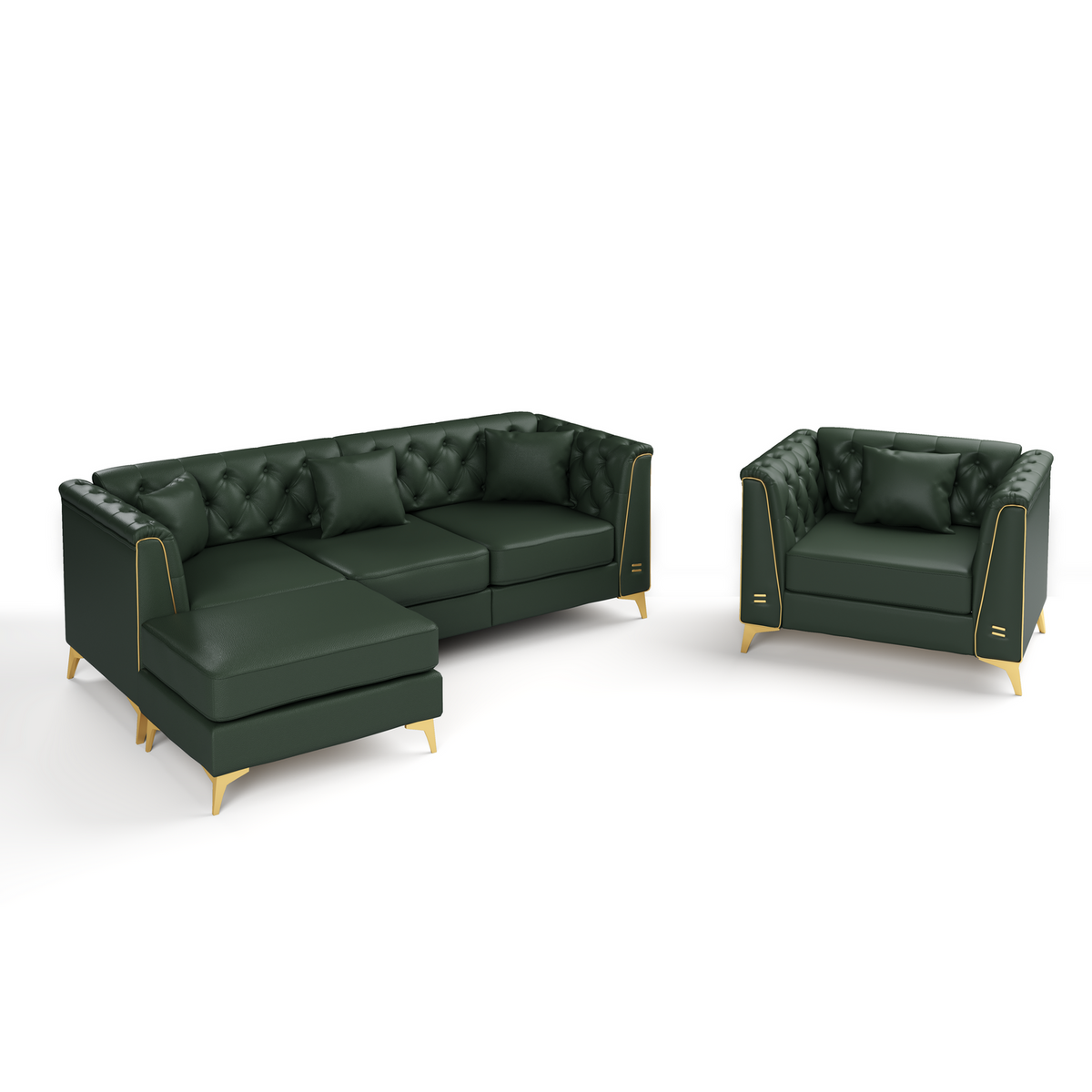 4 Pillows Light Luxury Chesterfield Sofa, Faux Leather, Button Tufting, Metal Trim Armrests & Thin Metal Legs