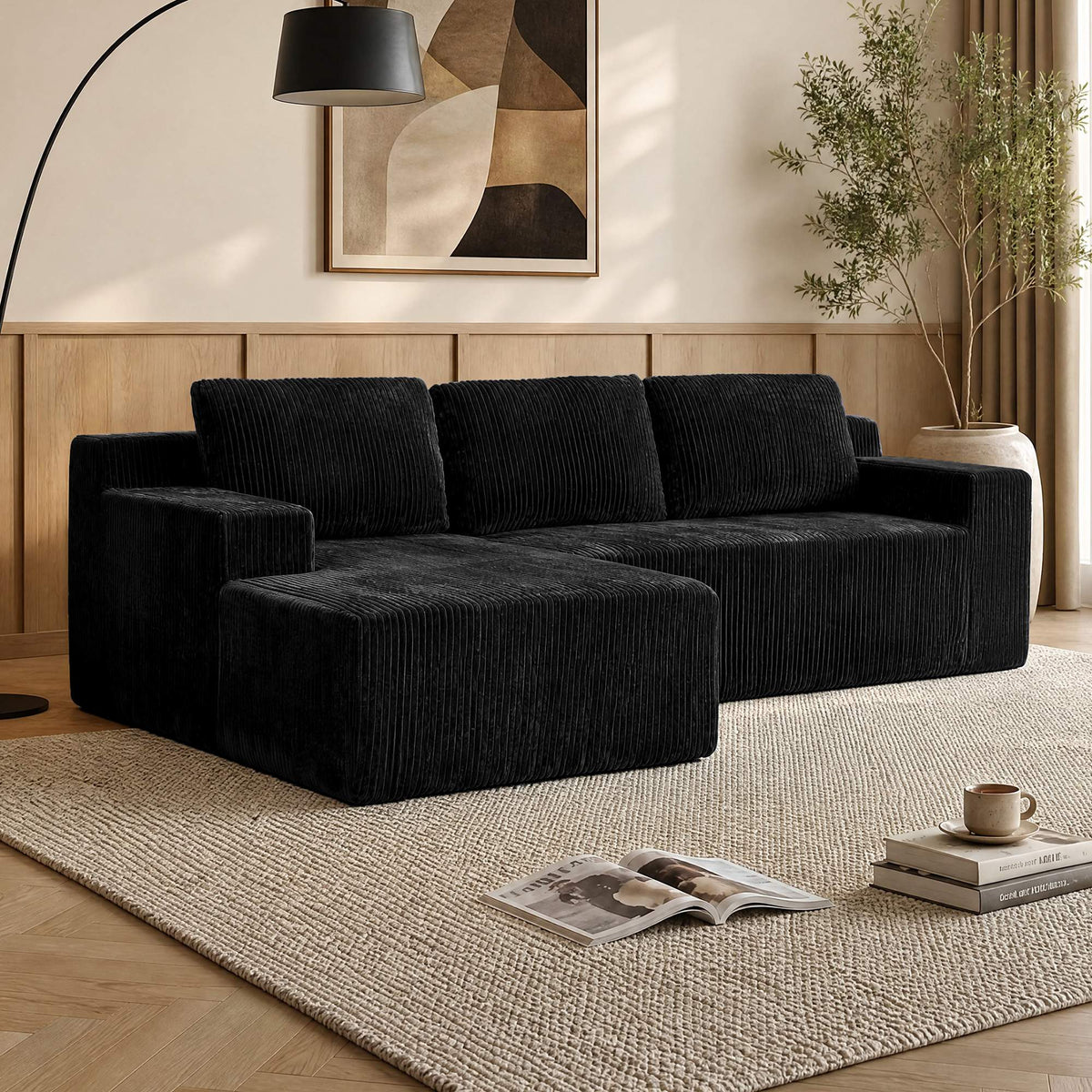 3-Seater Corduroy Modular L-Shaped Sectional Sofa, Foam-Filled