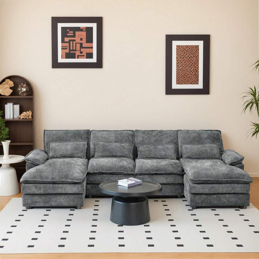 4-Seat Gray Sectional Sofa Set, Medium-Soft Pillow Back with Arc Arms, Modular Design
