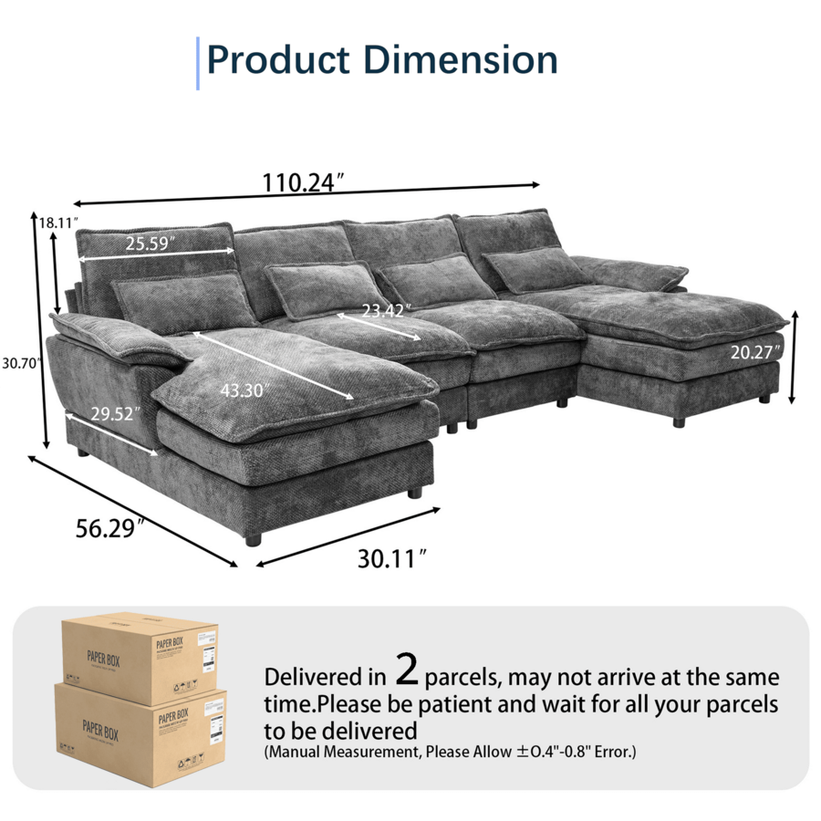 4-Seat Gray Sectional Sofa Set, Medium-Soft Pillow Back with Arc Arms, Modular Design