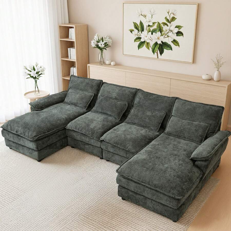 Modular 4 - Seat Sofa Set - Self - Unfolding Polyester Fabric Sofa for Living Room, Medium - Soft Comfort, Black
