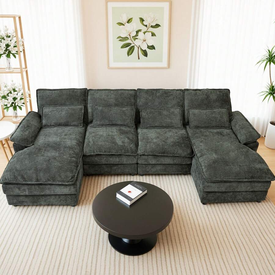 Modular 4 - Seat Sofa Set - Self - Unfolding Polyester Fabric Sofa for Living Room, Medium - Soft Comfort, Black
