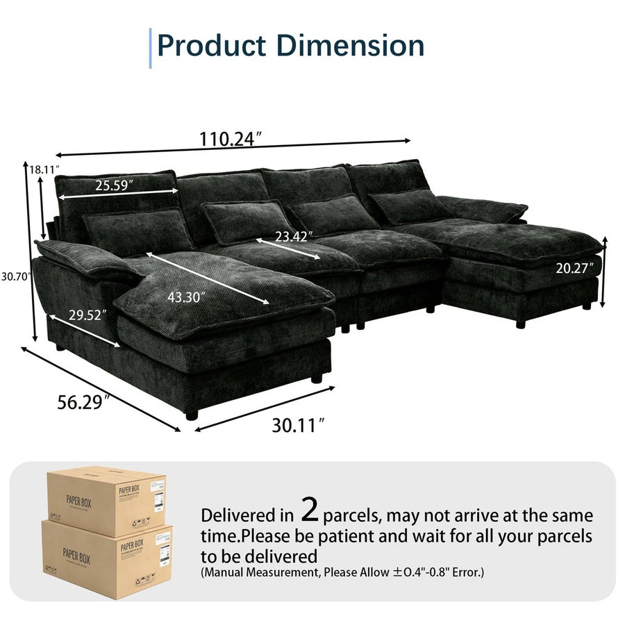 Modular 4 - Seat Sofa Set - Self - Unfolding Polyester Fabric Sofa for Living Room, Medium - Soft Comfort, Black