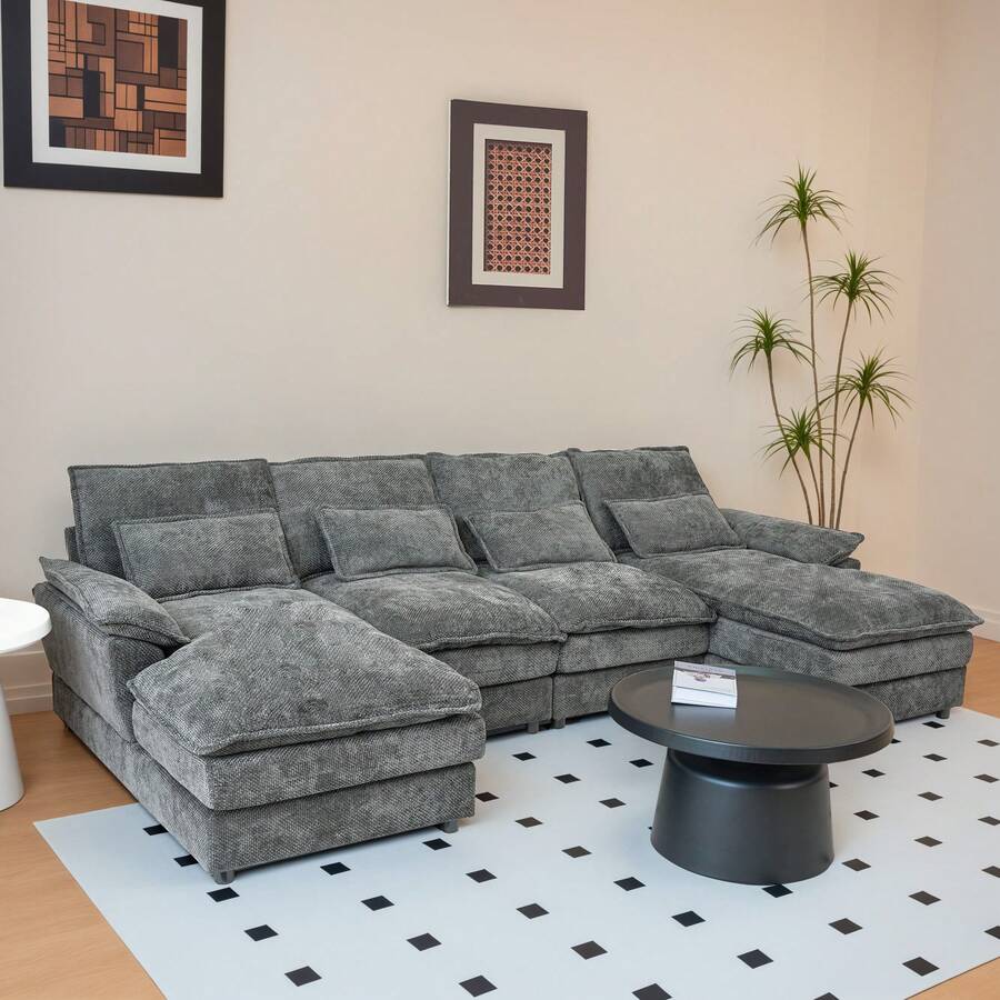 4-Seat Gray Sectional Sofa Set, Medium-Soft Pillow Back with Arc Arms, Modular Design