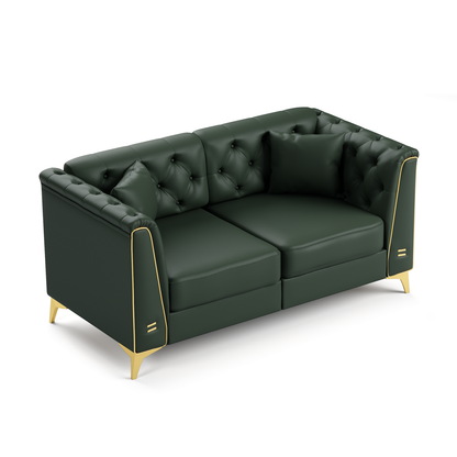 6 Pillows Light Luxury Chesterfield Sofa, Faux Leather, Thin Metal Legs, Metal Trim Armrests & Button Tufting
