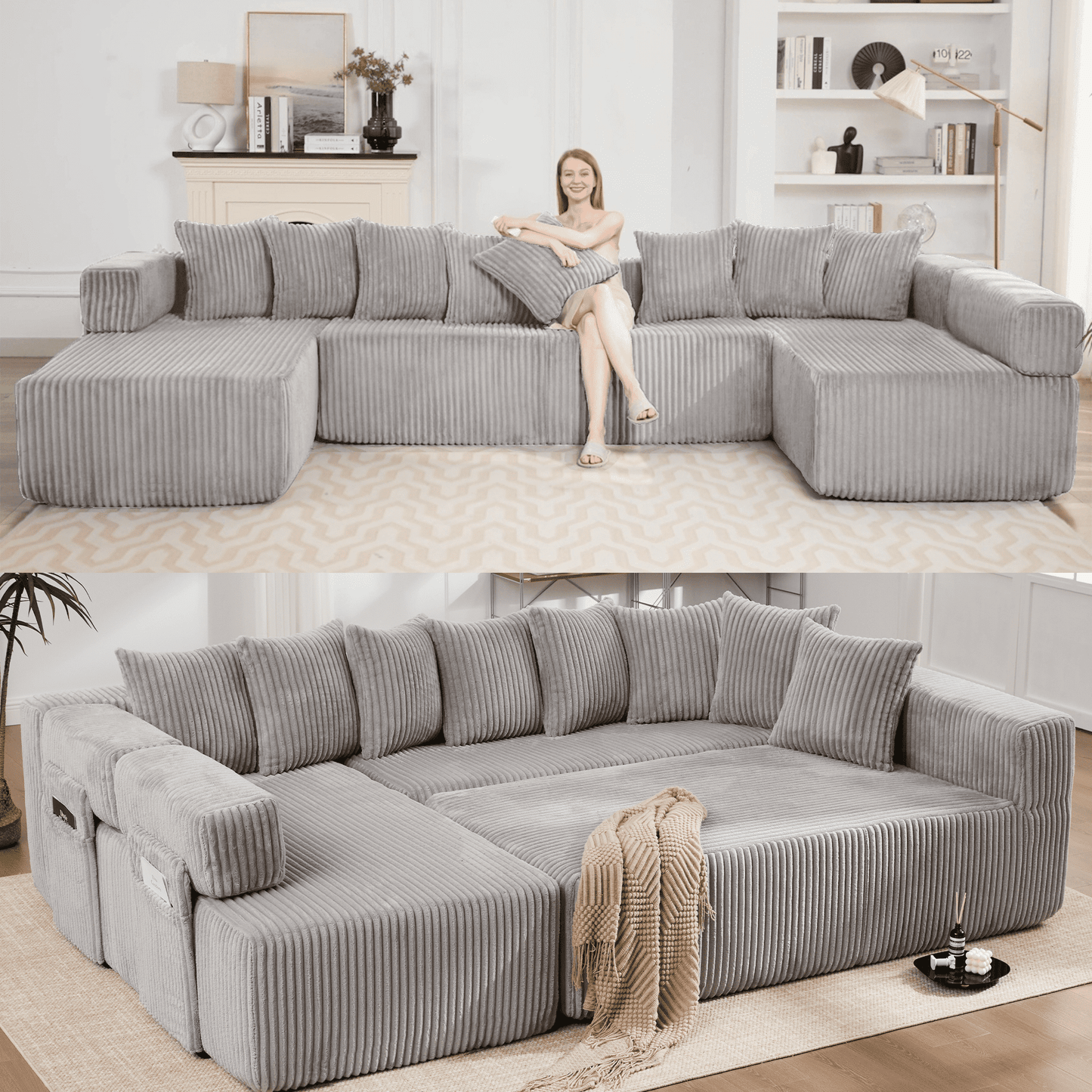 Light Gray 6-Seat U-Shaped Modular Sectional Sofa – Plush Corduroy Sleeper Couch with 8 Pillows & Flexible Configuration
