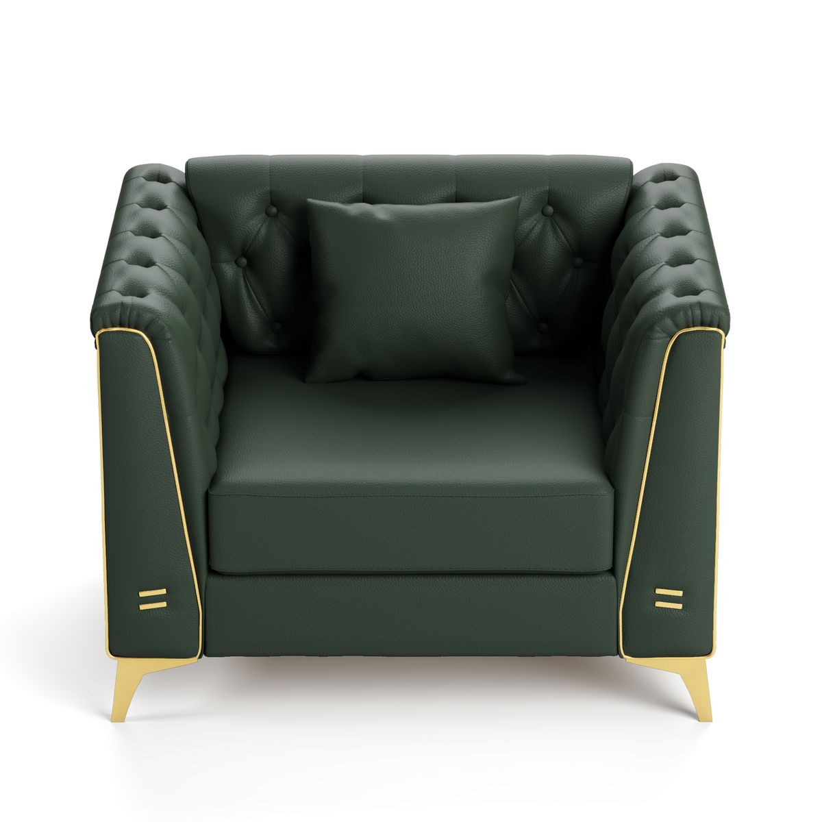 5 Pillows Light Luxury Chesterfield Sofa, Faux Leather, Metal Trim Armrests, Button Tufting & Thin Metal Legs