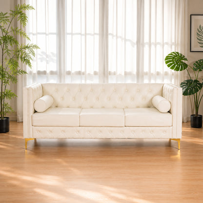 White Faux Leather Couch, Modern Tufted 3-Seat Sofa with Decorative Pillows, Metal Legs and High-Rebound Sponge Comfort for Home