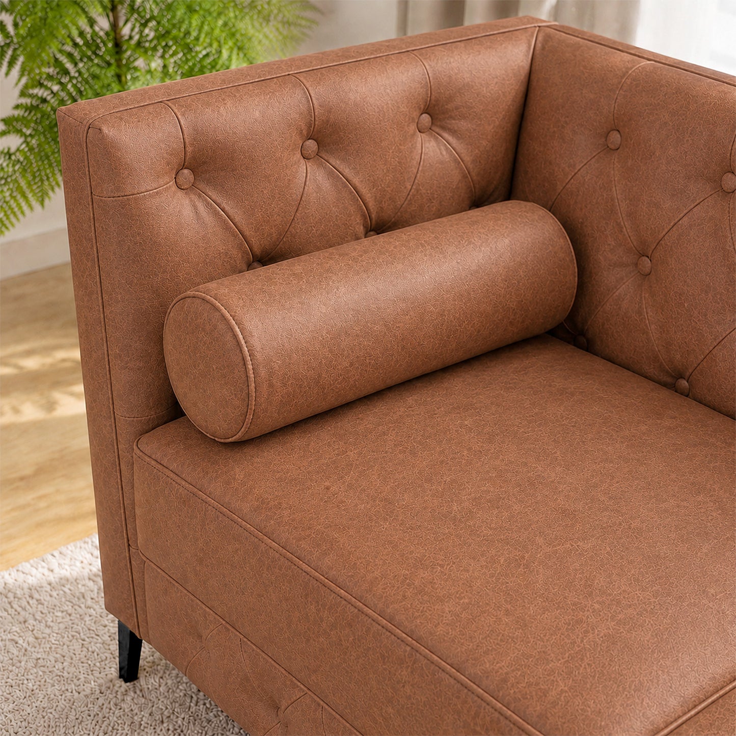 Brown Leather Sofa, Classic 3-Seater Living Room Couch with Button Tufted Design, Pocket Spring Cushion and Sturdy Wood Frame