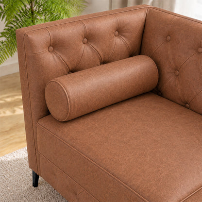 Brown Leather Sofa, Classic 3-Seater Living Room Couch with Button Tufted Design, Pocket Spring Cushion and Sturdy Wood Frame