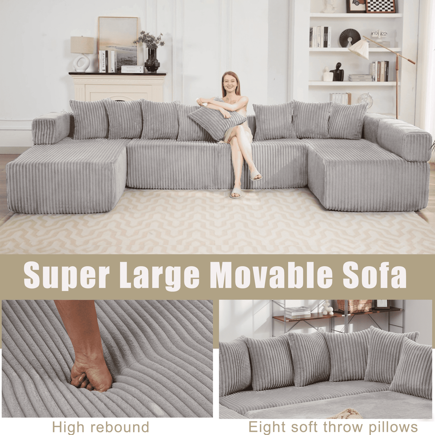 Light Gray 6-Seat U-Shaped Modular Sectional Sofa – Plush Corduroy Sleeper Couch with 8 Pillows & Flexible Configuration