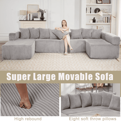 Light Gray 6-Seat U-Shaped Modular Sectional Sofa – Plush Corduroy Sleeper Couch with 8 Pillows & Flexible Configuration