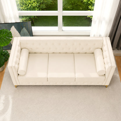 White Faux Leather Couch, Modern Tufted 3-Seat Sofa with Decorative Pillows, Metal Legs and High-Rebound Sponge Comfort for Home
