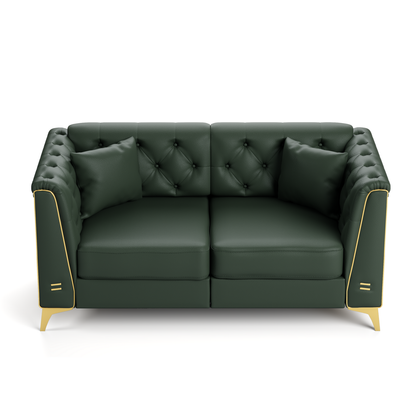 5 Pillows Light Luxury Chesterfield Sofa, Faux Leather, Metal Trim Armrests, Button Tufting & Thin Metal Legs