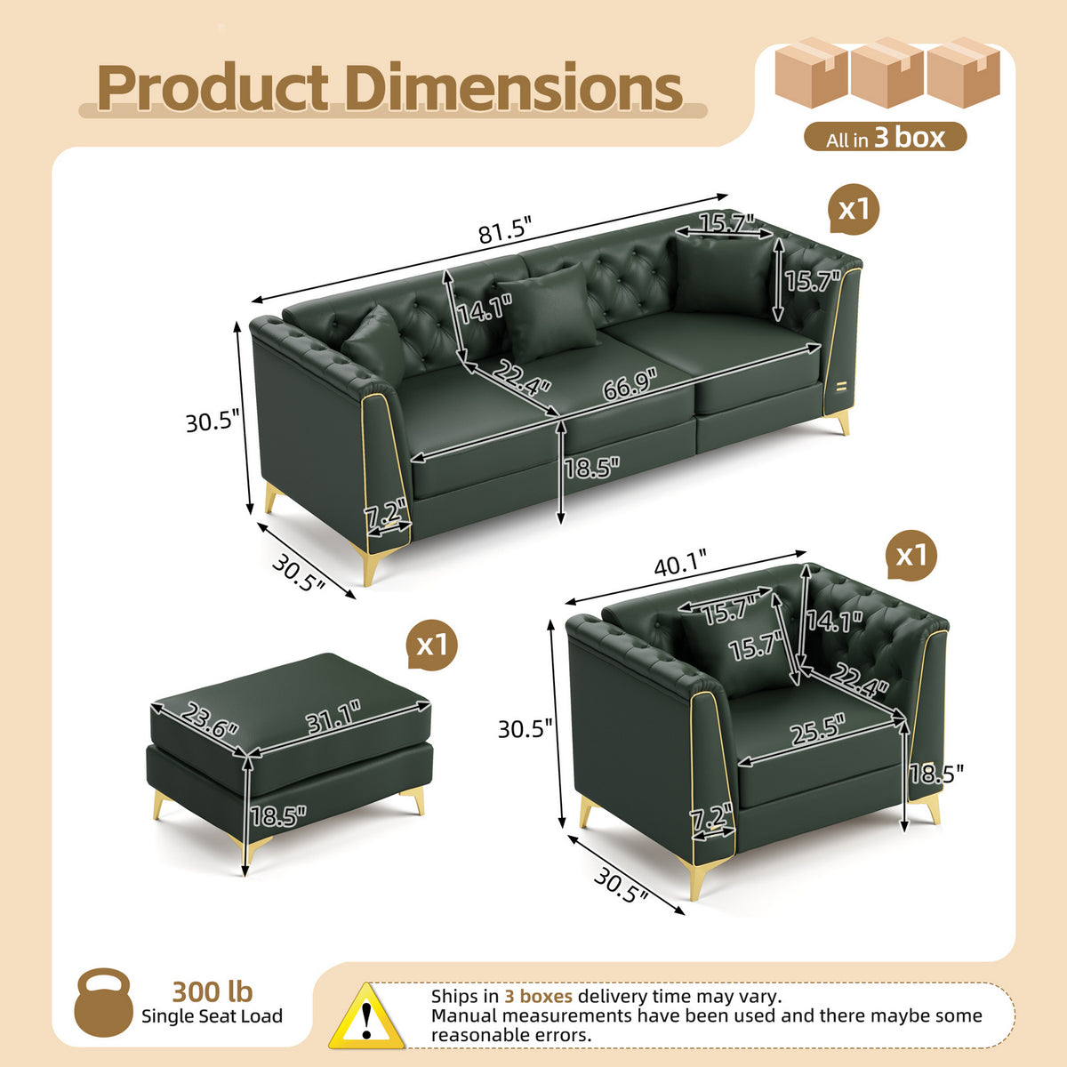 4 Pillows Light Luxury Chesterfield Sofa, Faux Leather, Button Tufting, Metal Trim Armrests & Thin Metal Legs