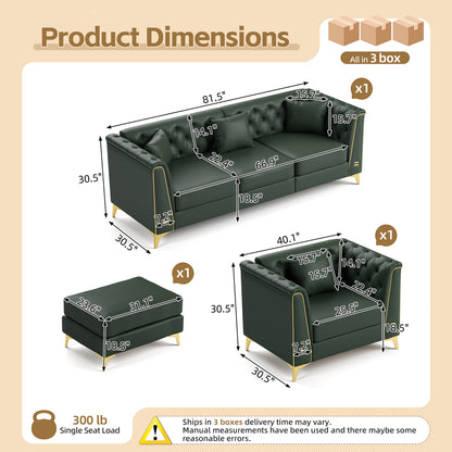4 Pillows Light Luxury Chesterfield Sofa, Faux Leather, Button Tufting, Metal Trim Armrests & Thin Metal Legs