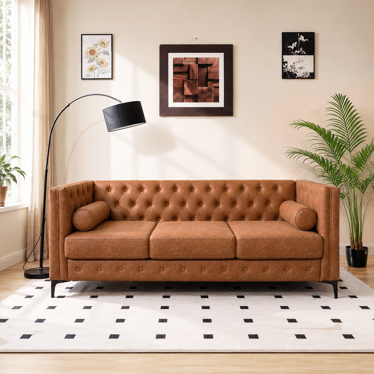 Brown Leather Sofa, Classic 3-Seater Living Room Couch with Button Tufted Design, Pocket Spring Cushion and Sturdy Wood Frame