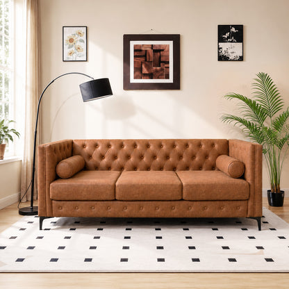Brown Leather Sofa, Classic 3-Seater Living Room Couch with Button Tufted Design, Pocket Spring Cushion and Sturdy Wood Frame