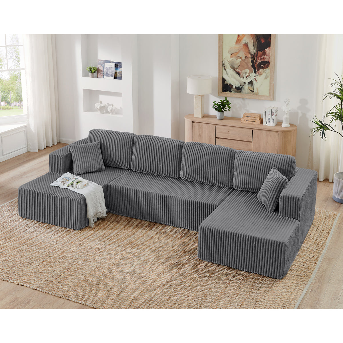 U-Shaped Modular Corduroy Sectional Sofa, Compressed Sleeper Couch
