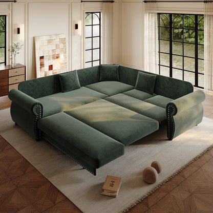 88.2" L-Shaped Chenille Sectional Sofa with Pull-Out Bed & Rolled Arm