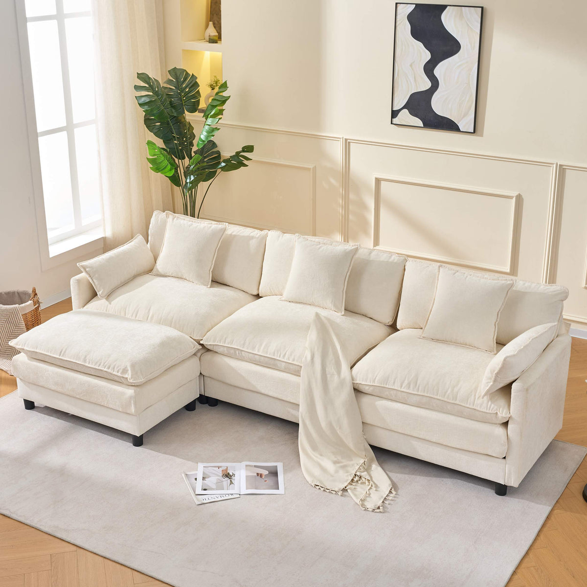 108" 4-Seater L-Shaped Modular Chenille Sofa with Ottoman, Deep Seat Cloud Couch