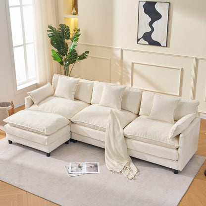 108" 4-Seater L-Shaped Modular Chenille Sofa with Ottoman, Deep Seat Cloud Couch