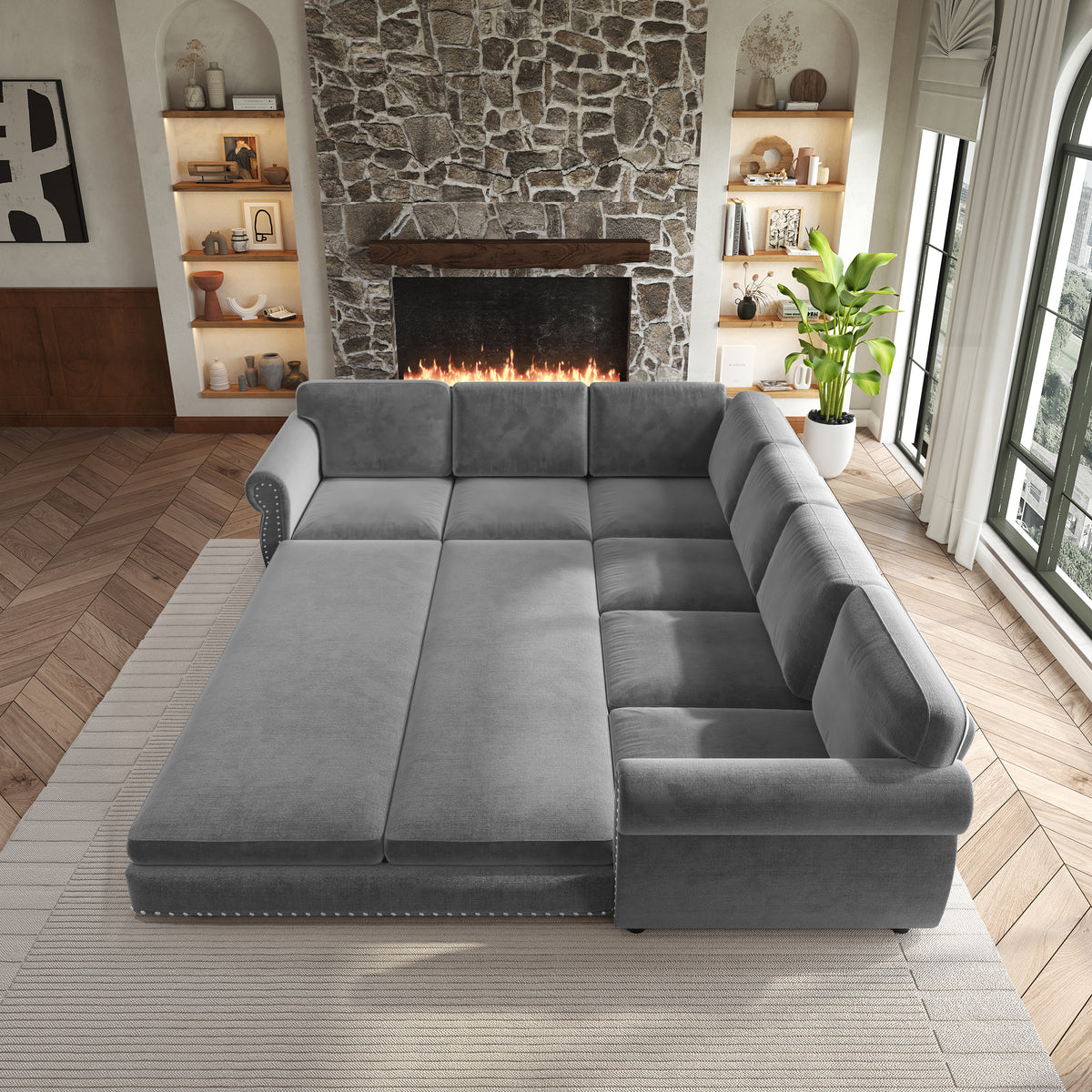 L-Shaped Chenille Sectional Sofa with Pull-Out Bed & Rolled Arm