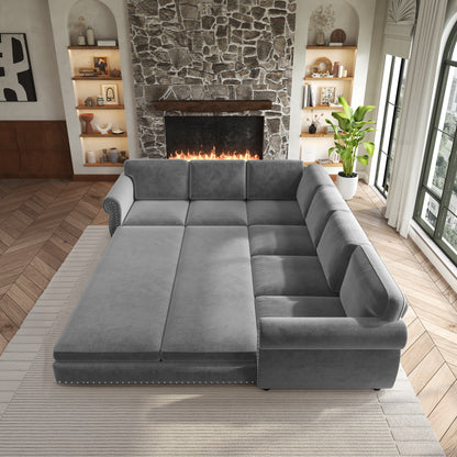 L-Shaped Chenille Sectional Sofa with Pull-Out Bed & Rolled Arm