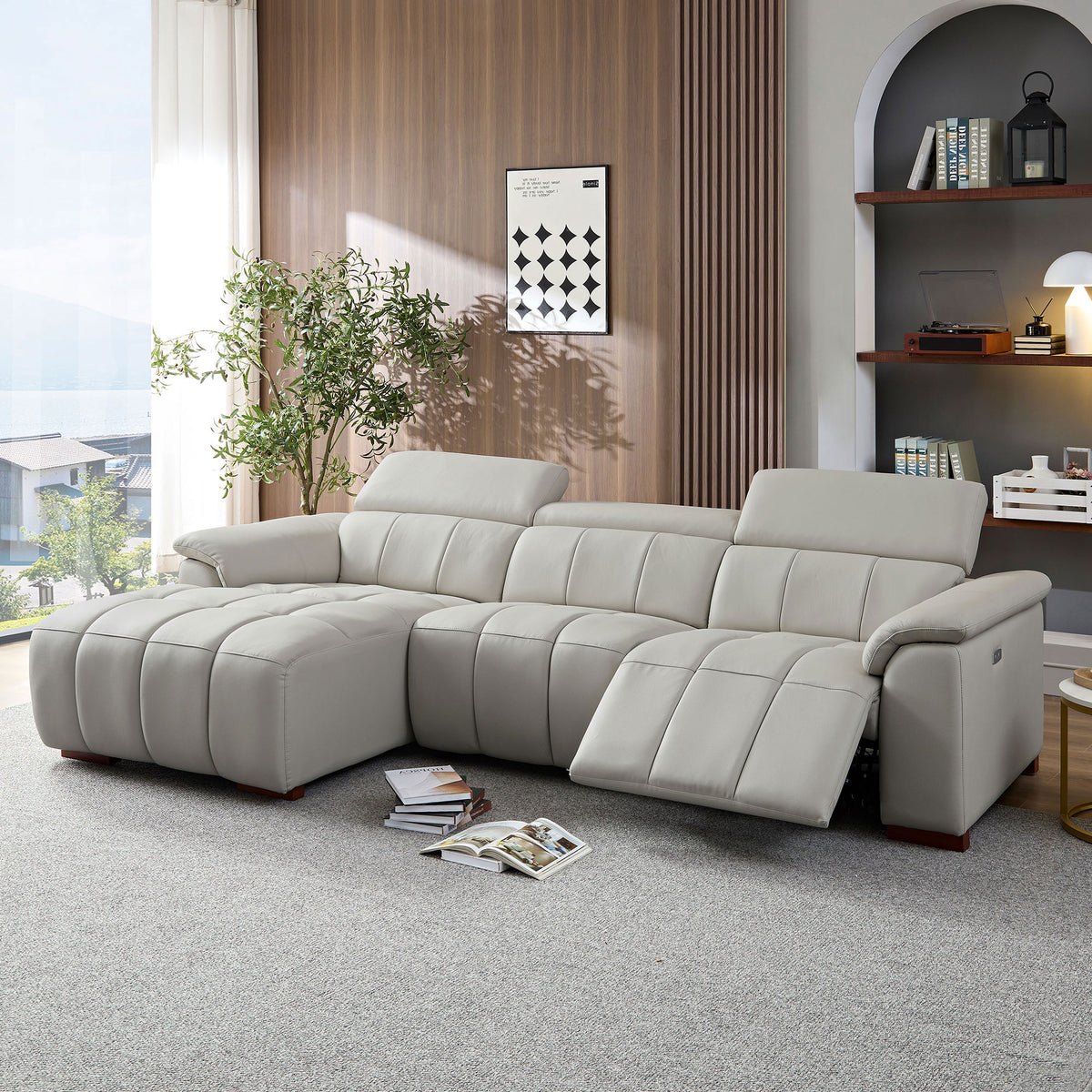 Modern Electric Wall-Hugger Reclining L-Shaped Leather Sofa with USB Port