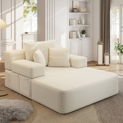 Oversized Plush Corduroy Chaise Lounge Sofa, Convertible Sleeper Couch Bed with Storage Pockets & 3 Pillows